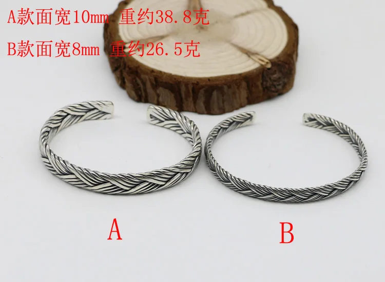 925 Sterling Silver Thai Silver Fried Dough Twists Woven Open Bracelet for Men and Women Handmade Individuality Vintage Open Ste