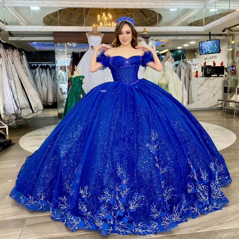 

Shining Blue Quinceanera Dress Mexican Vestido De 15 Princess Sweet 16 Birthday Ball Gown 3D Flower Beads Tull Gown Long Train