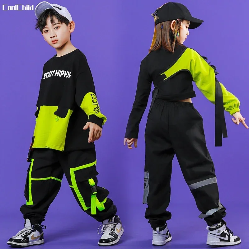 Boys Hip Hop Streetwear Girls Crop Top Cuff Cargo Pant Outfit Child Patchwork Sweatshirt Joggers Street Dance Kids Jazz Costumes