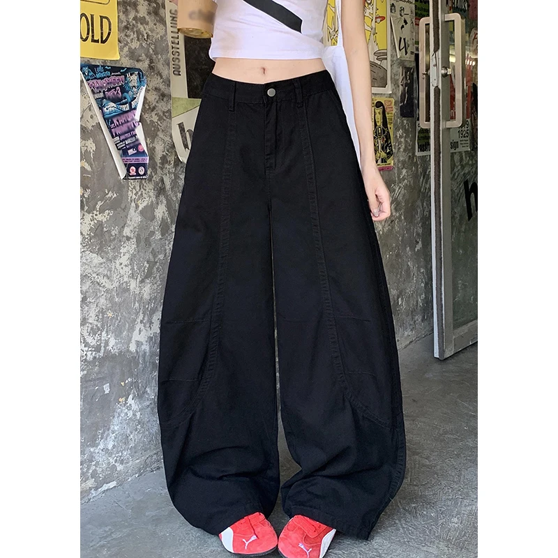 

PBAP Ретро Черные Джинсы-бочонки с низкой талией Женские однотонные джинсы со швом Oversize Широкие брюки-подкова Уличная одежда в стиле хип-хоп