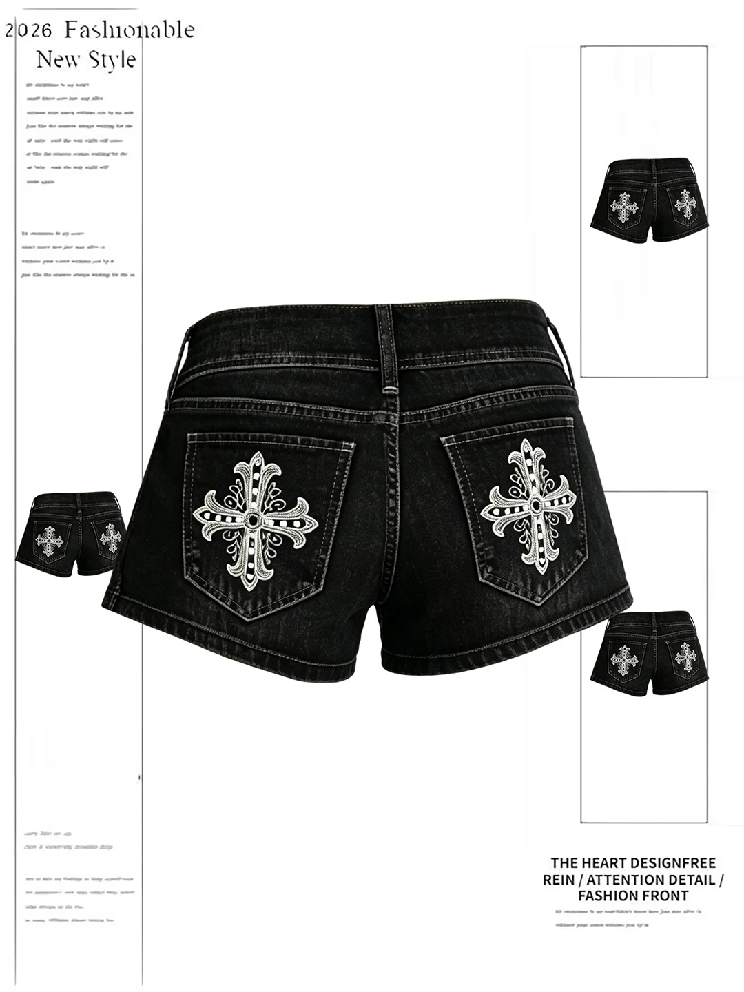 

Retro Embroidered Distressed Black Denim Shorts Women's Sexy Casual High Waist Wide Leg Pants with Pockets Soft Jeans Fabric