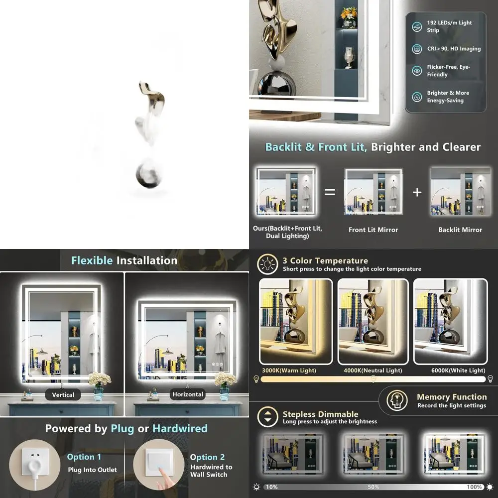 

Dimmable 20x28 LED-Illuminated Bathroom Mirror with 3-Color Backlight, Memory Function, Shatterproof Tempered Glass, and HD Clar