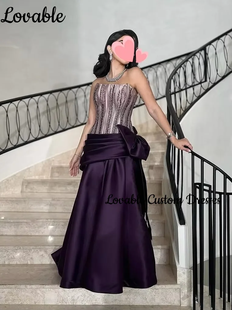 Hochzeits-Partykleid, individuell anpassbar, A-Linie, trägerlos, Traube, bodenlang, Perlenverzierung, luxuriöse Abendkleider, ärmellose Kleider mit Reißverschluss F