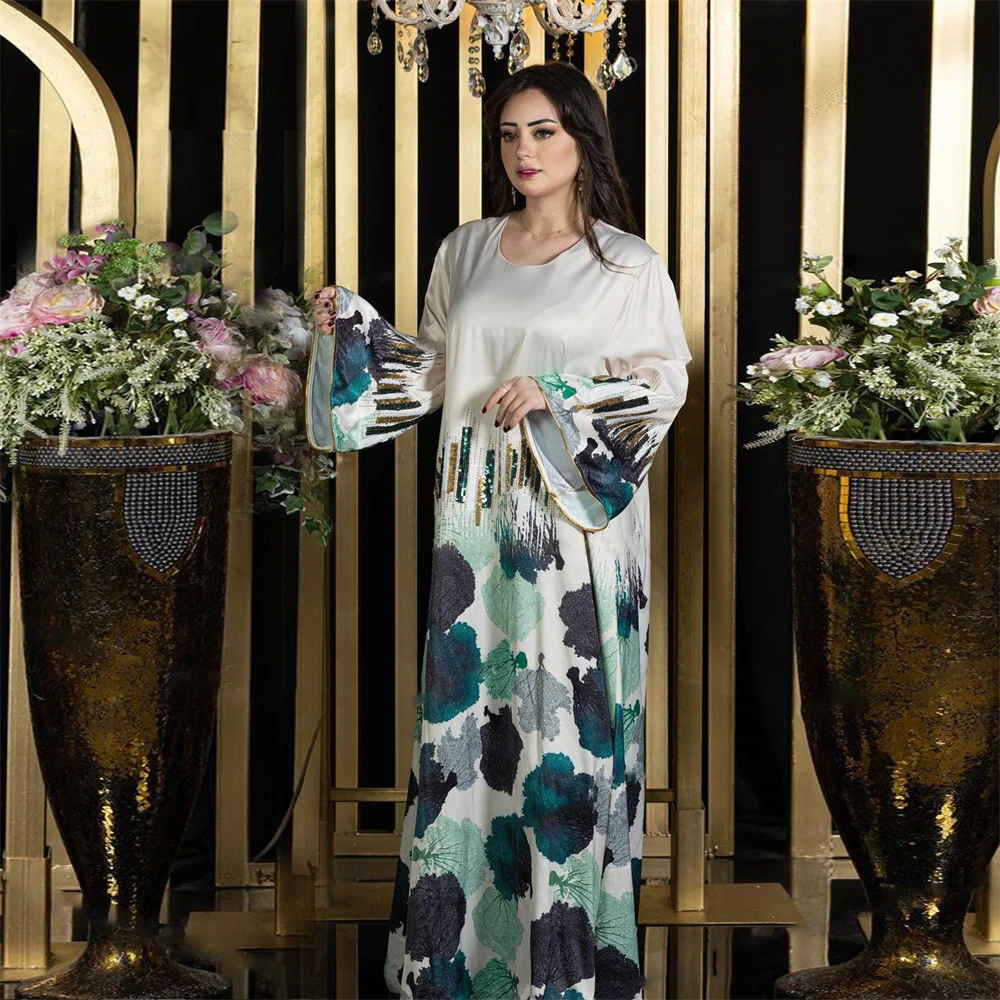 Damen Urlaub Kleid Eid Dubai Perlen Stickerei Abaya Ramadan Muslimischen Elegante Pailletten Langarm Frauen Party Kleid