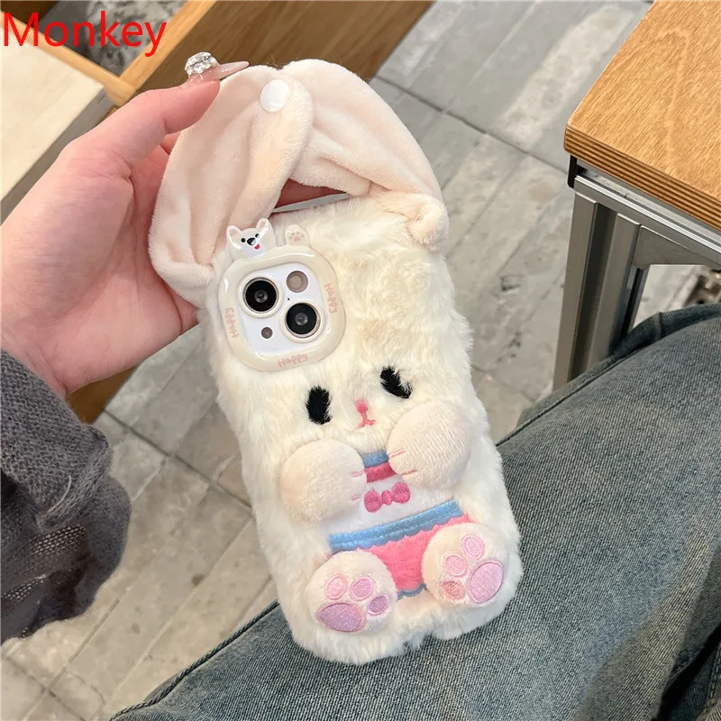 Cute 3D Plush Ear Rabbit Phone Case Suitable For iPhone 16 Pro Max Case 15 14 Plus 13 12 11 Silicone Soft Cases Protection Cover