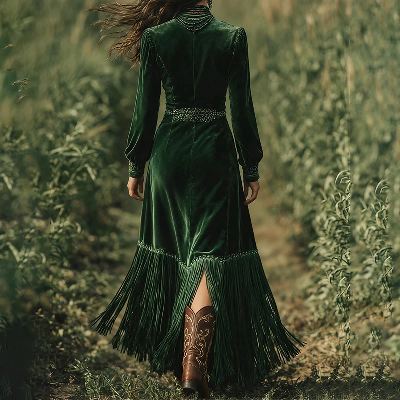 우아한 여성 벨벳 드레스 프린지 헴 섹시한 V넥 긴 소매 보헤미안 하이웨이스트 롱 슬리브 A라인 이브닝 파티 맥시 드레스 2026