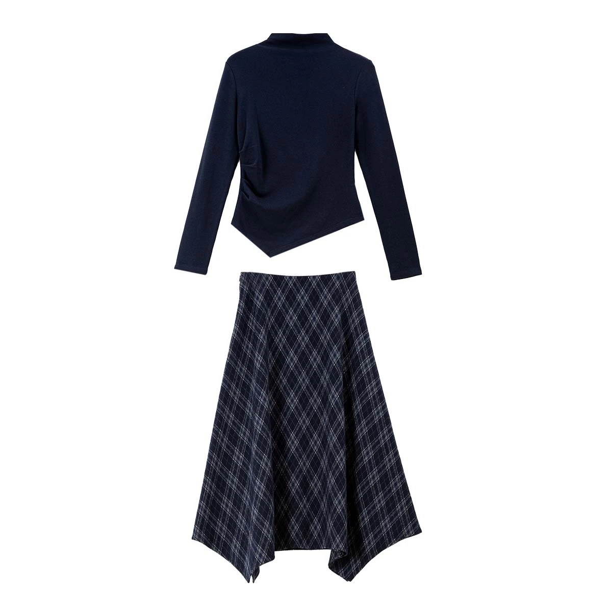 VIMLY deux pièces jupe ensemble femmes décontracté hiver 2025 col montant tricoté plis hauts asymétrique jupe à carreaux dame jupe costumes A3337
