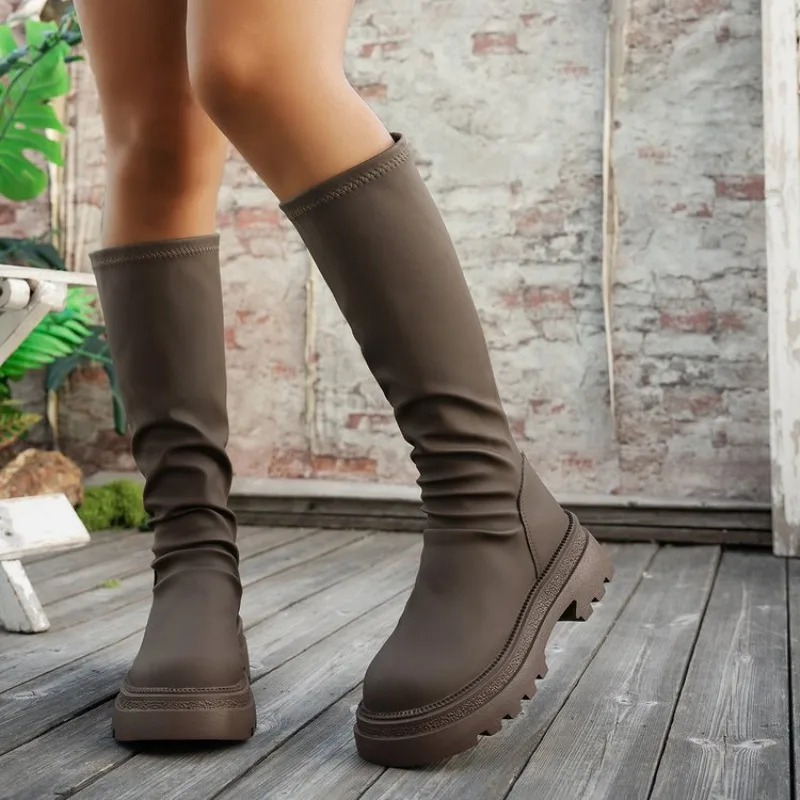 

2025 new Slim Thick Heel Knight Style Women's Boots Elastic High Tube Long Boots Rubber Bottom round Toe Pure Color Adult Shoes