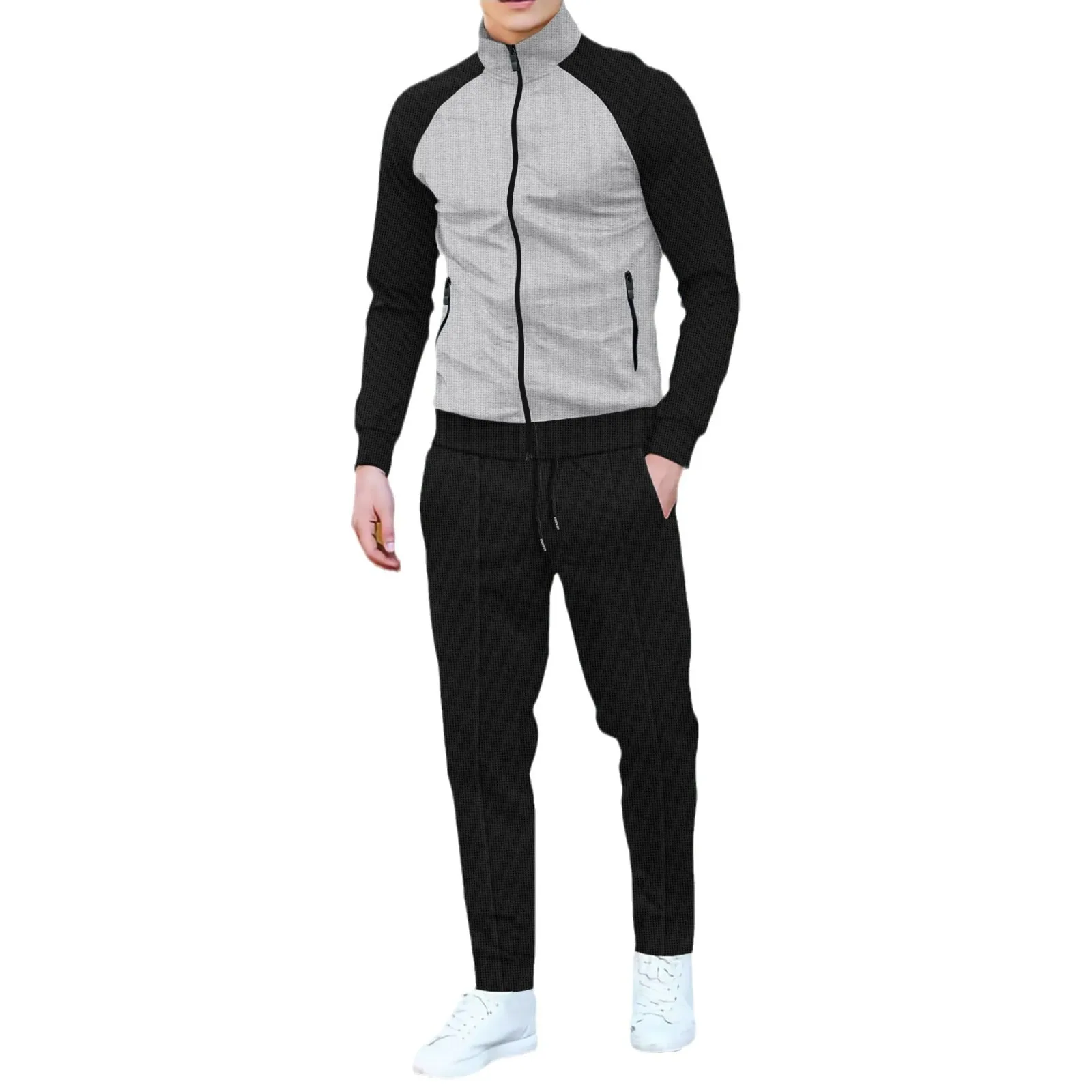 2025 Cross-border Autumn New Fashion Contrasted Ragshoulder Sleeve High Collar Jacket + Trousers Casual Sports Set tracksuits