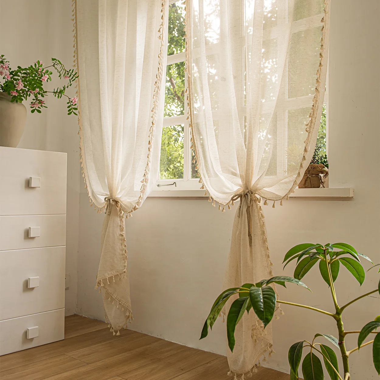 1 Piece, Beige Bohemian Tassel Sheer Curtain, Rod Pocket Installation, Faux Linen Vintage Style Suitable for Living Room, Bedroom, Dining Room,