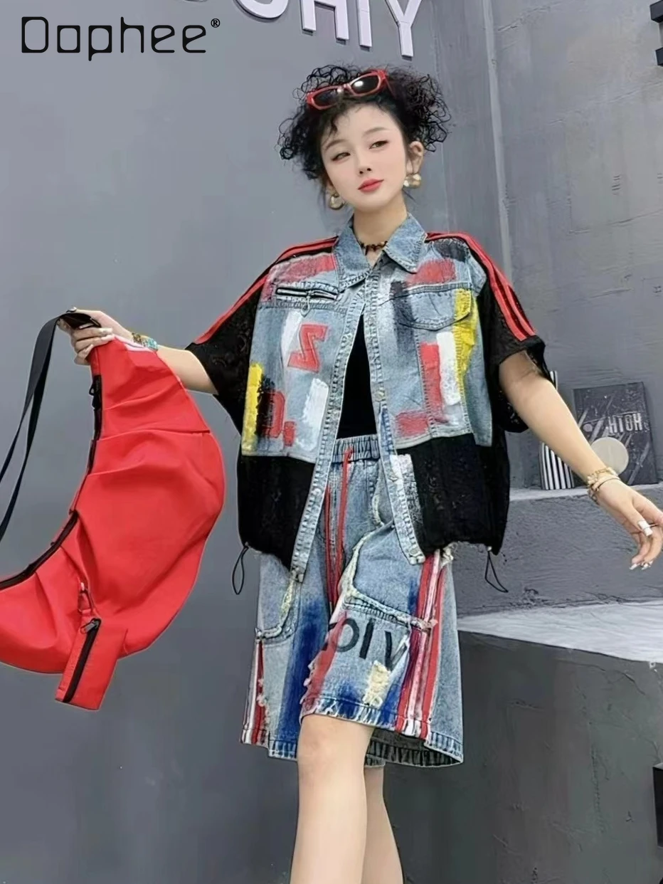 

European Trendy Suit Summer New Lace Patchwork Denim Patchwork Color Retro Short Coat Letter Print Shorts Two Piece Sets Women