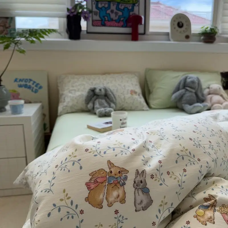 

New 2025 Washed Cotton Print Bedding Set Three-Piece Four-Piece Student Dormitory Bed Sheet Cover Quilt Cover Design Simple