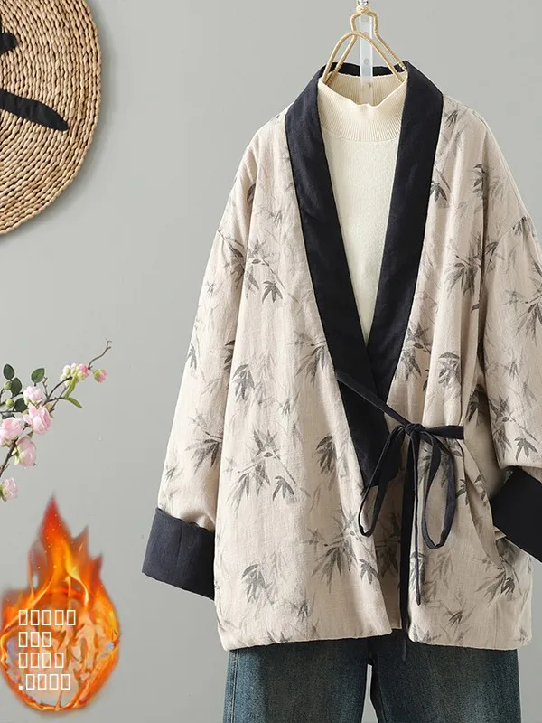 

New Chinese Sle Cotton Jaet V-Ne Loose Fit Slimming Color Blo Belted Women's Thiened Long Sve Printed Coat