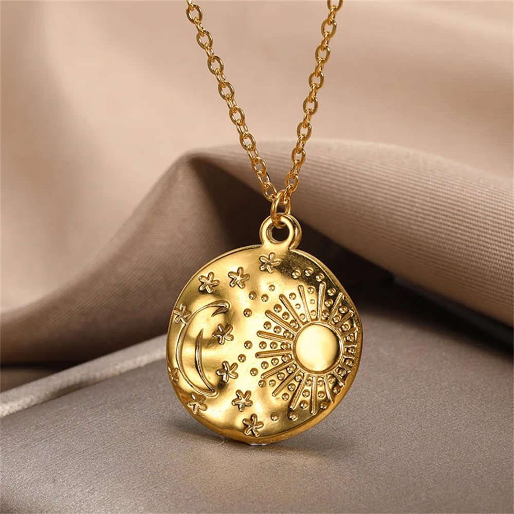 Vintage Sun Moon Stars Round Necklace For Women Gold Color Stainless Steel Chain Pendant Necklace Fashion Jewelry Birthday Gift