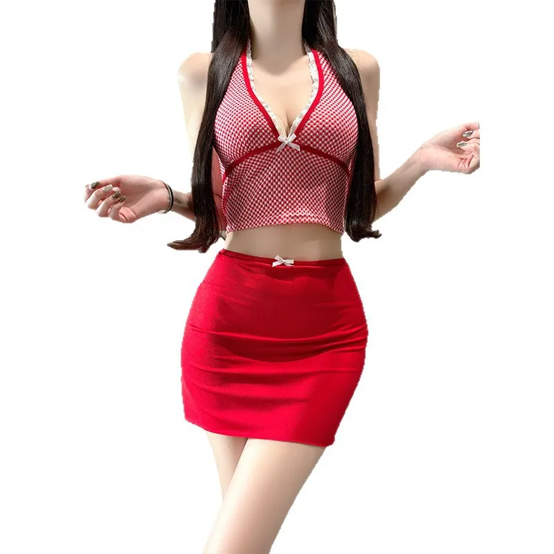 sexy red plaid print kpop bikinis sets 3pcs white lace bow deep v-neck vest with mini skirt sweet swimsuits biquini tankini