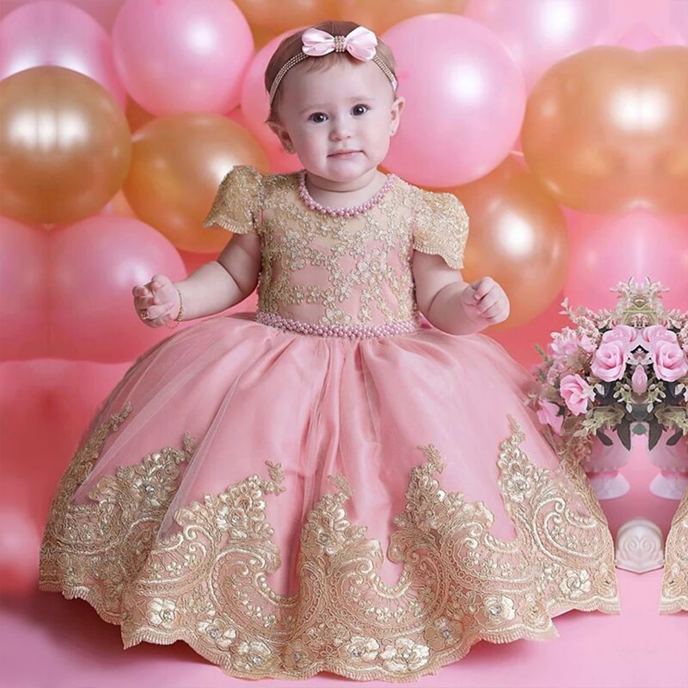 

Pink Lace Flower Girl Dress For Wedding Tulle Elegant Puffy Applique Baby Princess Birthday Evening First Communion Ball Gown