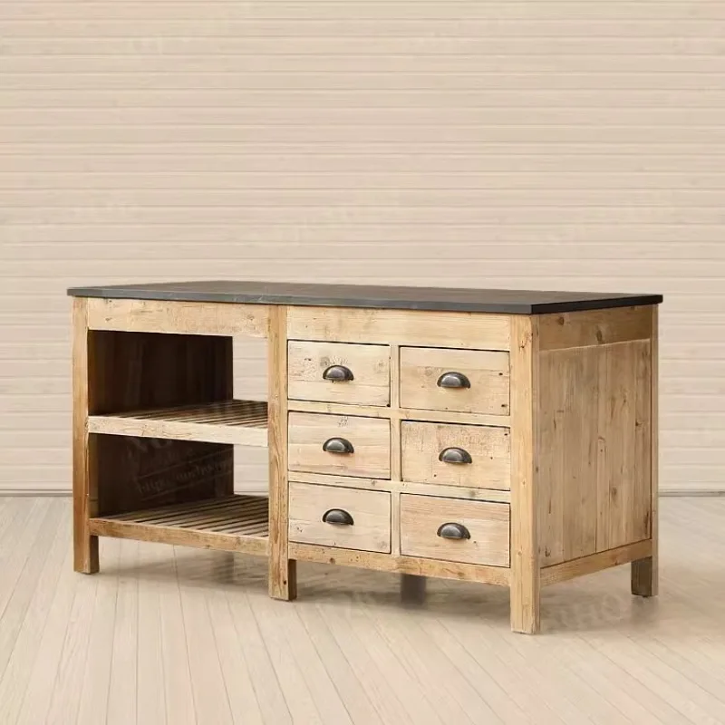 American retro all-solid wood dining side cabinet, creative kitchen island cupboard, marble cooking table