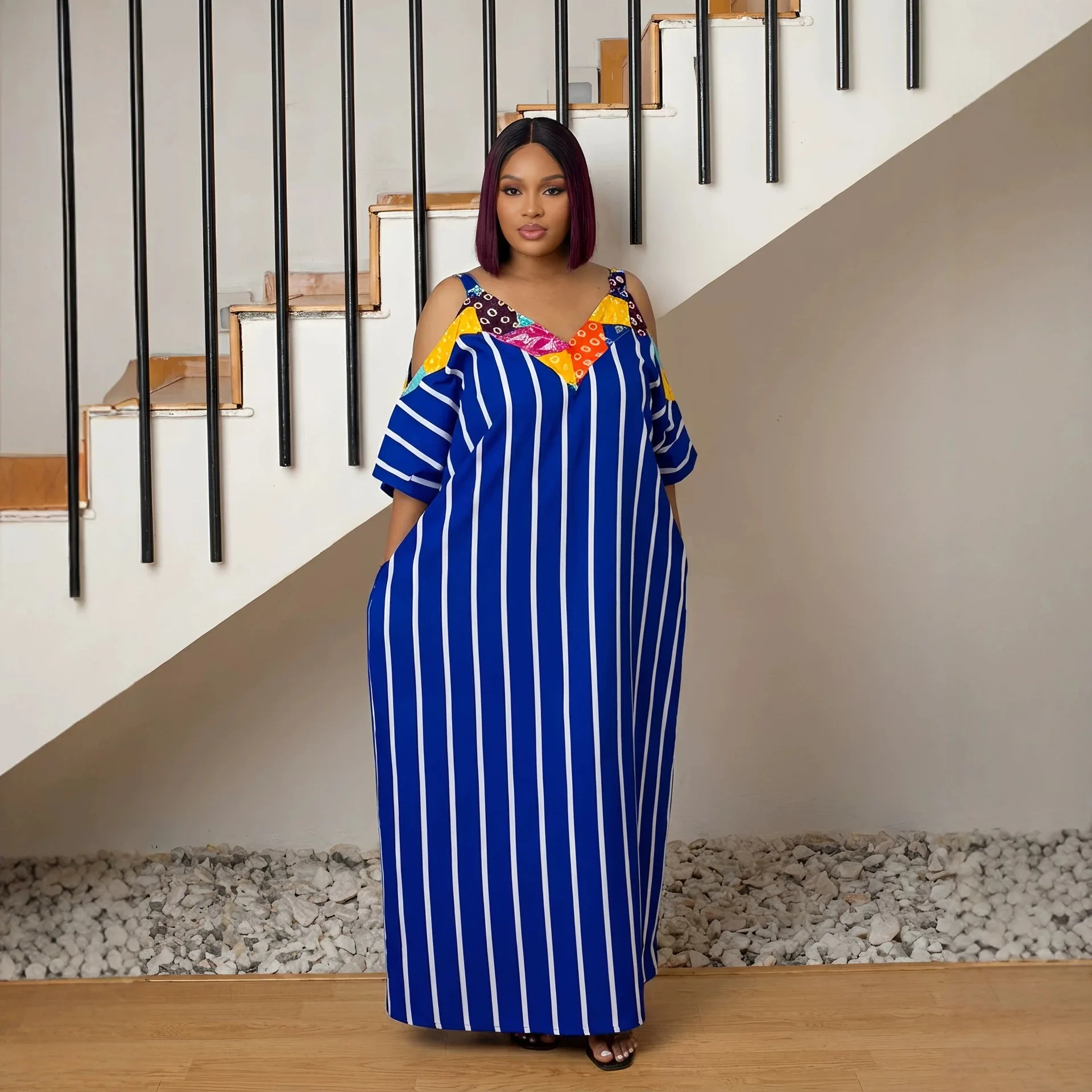 

Plus Size Dashiki African Dresses for Women Summer African Short Sleeve V-neck Party Evening Long Maxi Dress Kaftan Muslim Abaya
