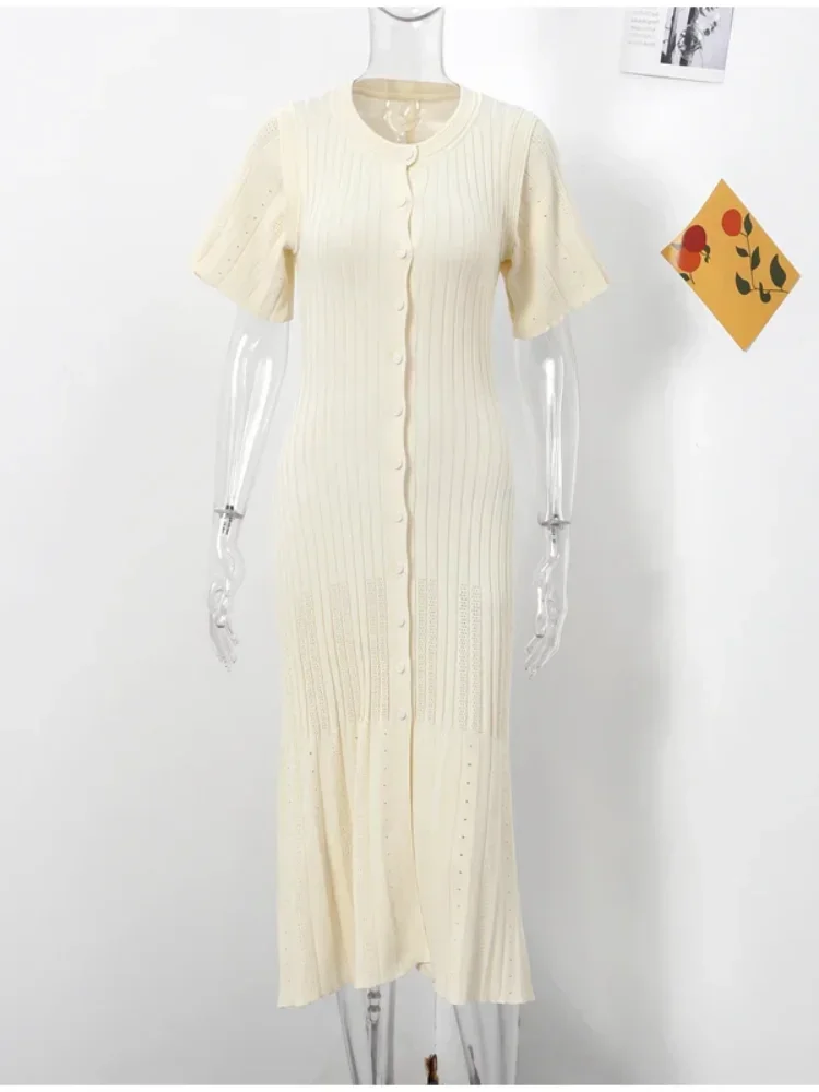 여성용 우아한 니트 원피스, 흰색 슬림 O-넥 싱글 브레스트, 짧은 소매, 긴 드레스, 여... - 3