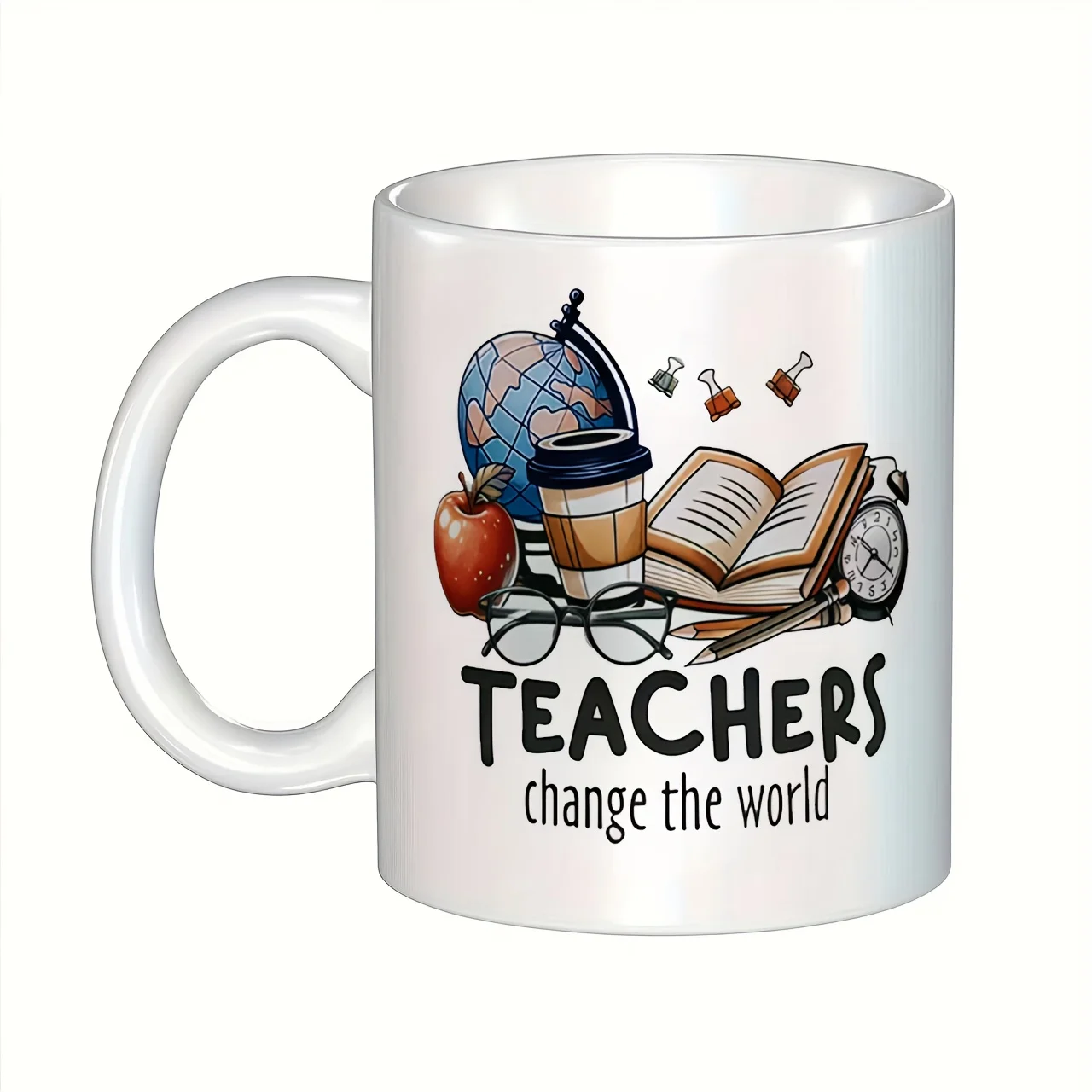 

1 Inspirational Teacher Ceramic Coffee Mug - "Teachers Change the World" Print Design with Education Symbols, Machine Washable
