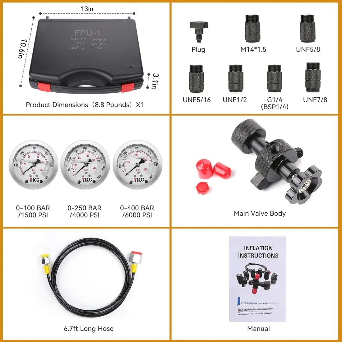 Hydraulic Nitrogen Accumulator Charging Kit, Nitrogen Fill Kit with Case, Nitrogen Charging System Gas Charging Tools