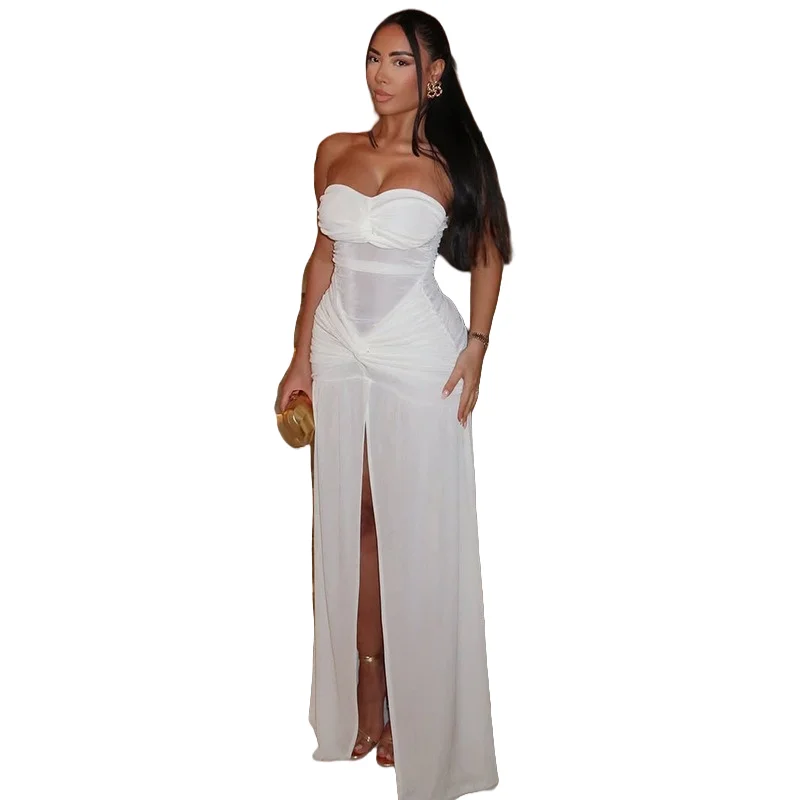 

Women's Strapless Slash Neck Sleeveless Backless Pleated Split Hips Wrapped Long Dress, Gauze Spliced Sight Perspective, Sexy