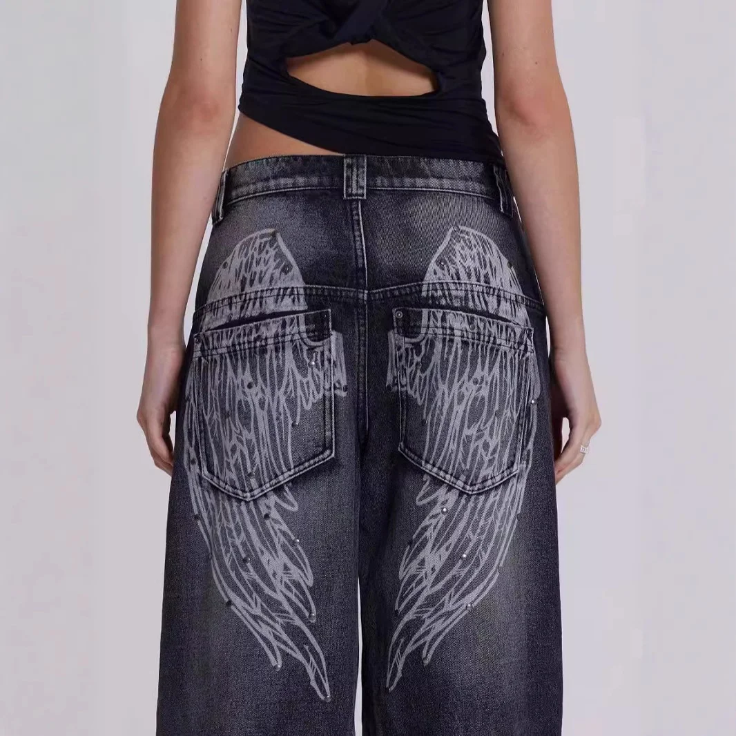 

Джинсы с принтом «Ангельские крылья» для женщин, в стиле Y2K, ретро, модные, брендовые, с низкой посадкой, прямые, в пол