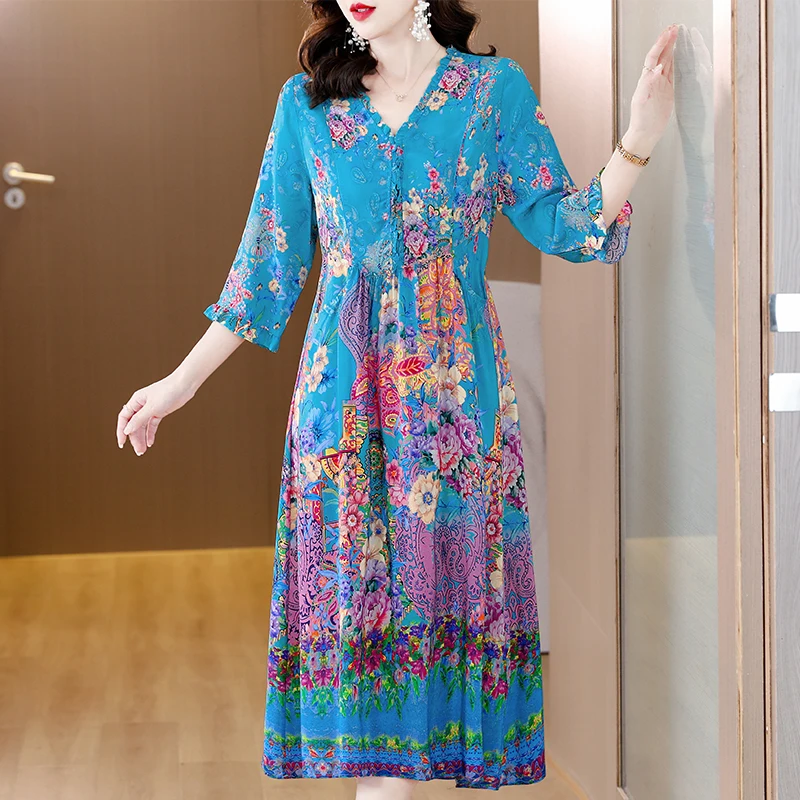 

Summer Women Dress Elegant Floral Spring Three Quarter Sleeve Vestidos Chinese Vintage Print Faux Silk Dresses High Quality