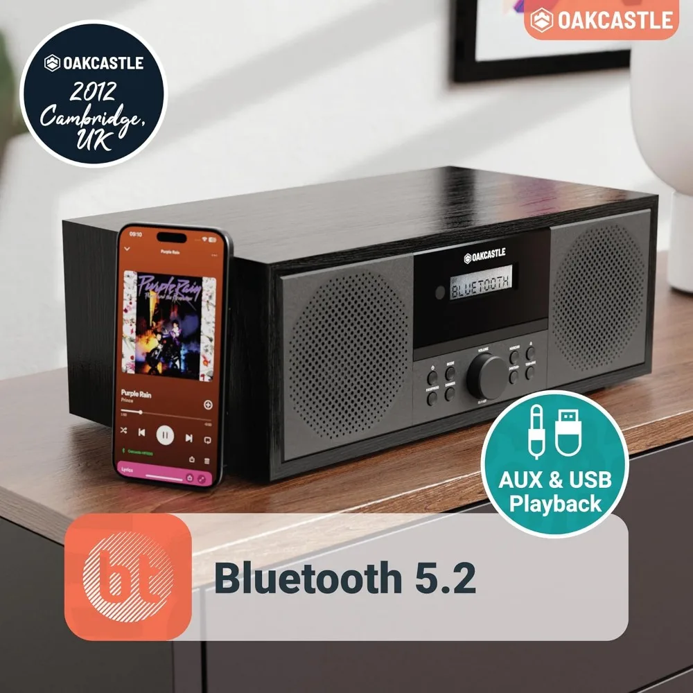 Sistema estéreo Bluetooth 5.2 para casa, leitor de CD potente com altifalantes e telecomando incorporados, reprodução USB e AUX, 60W