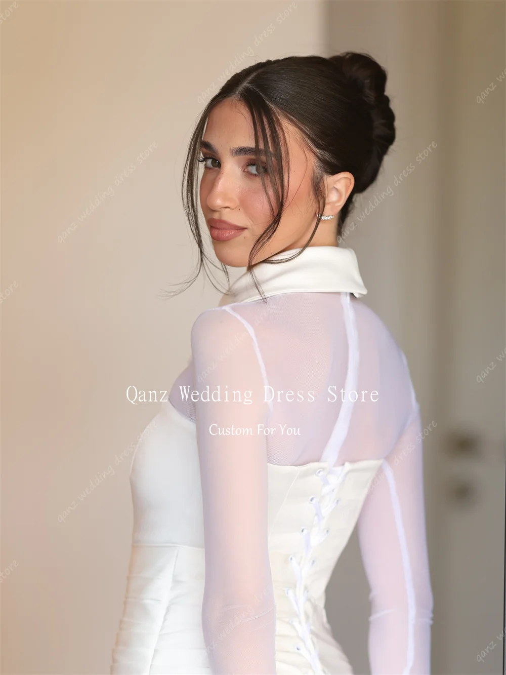 Qanz Minimalism White Wedding Dresses Mermaid Satin Sheer Long Sleeveles Vestido De Novia 2 Pieces Robe De Mariée Customized