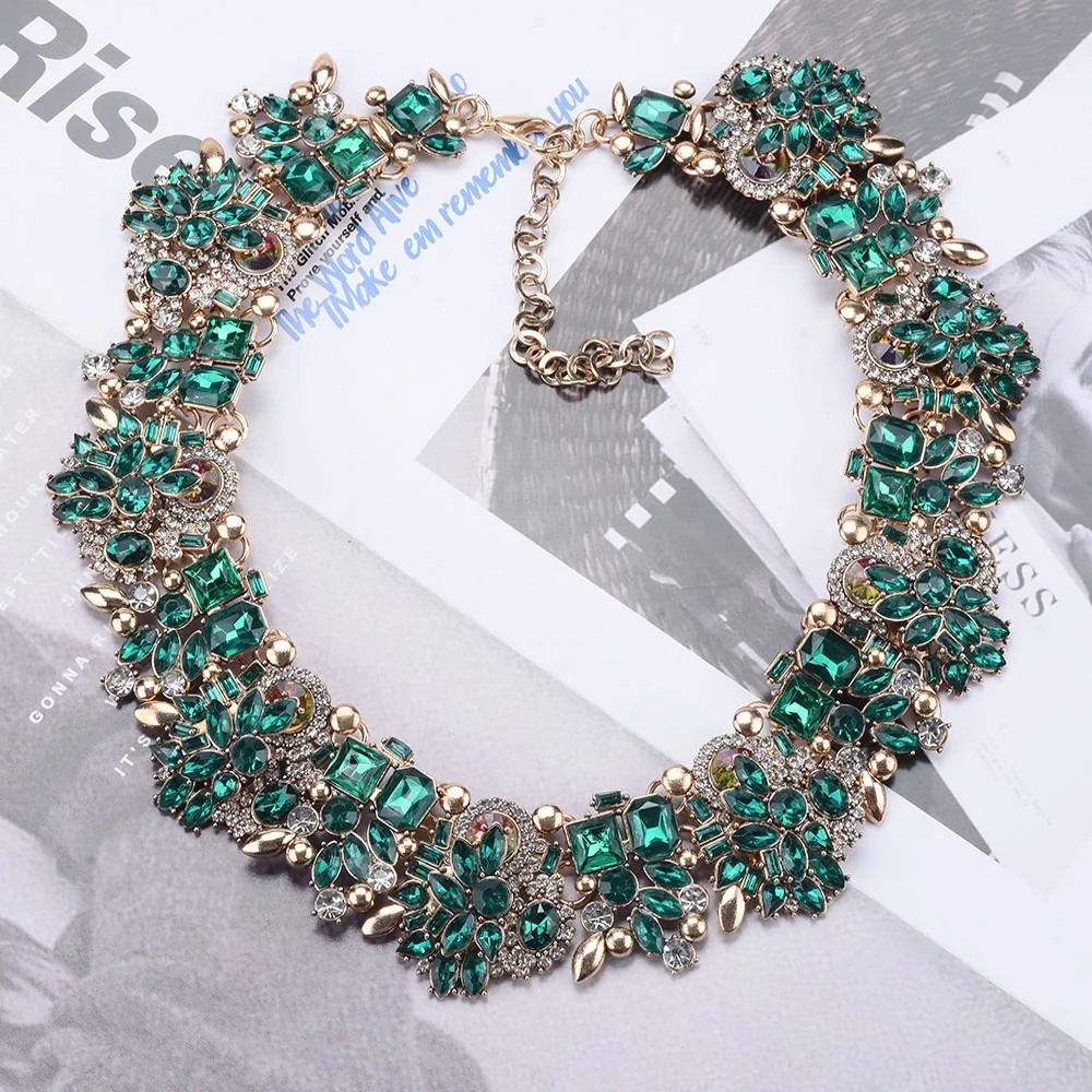 2024 New ZA Luxury Full Green Crystal Rhinestone Statement Large Collar Big Bib Choker Necklace Women Indian Wedding Jewelry