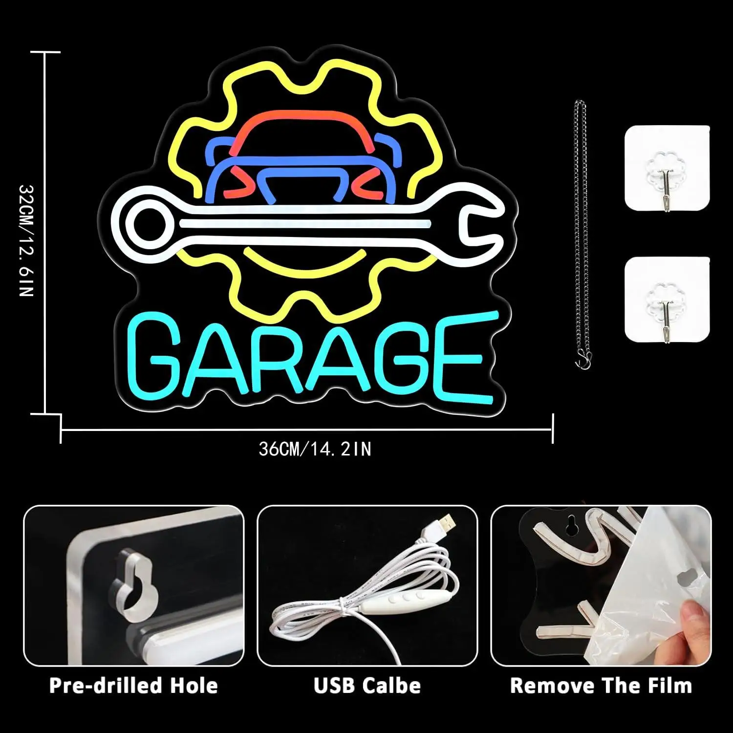 Garage Neon Sign USB Powered LED Dimmable Neon Lights for Man Cave Auto Repair Shop Workshop Wall Lights Party Birthday Gift