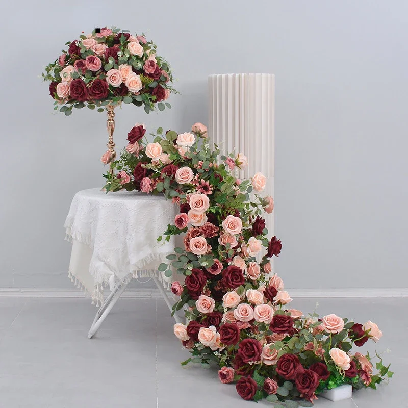 

Burgundy Pink Rose Green Eucalyptus Leaf Flower Ball Artificial Flower Row Wedding Table Centerpiece Decoration Flower Runner