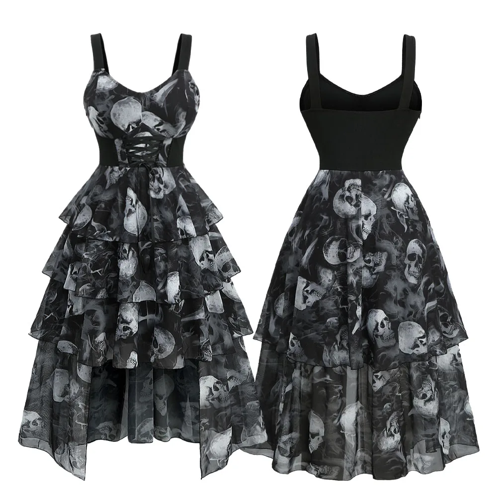 ROSEGAL Vestidos góticos para mujer de talla grande con estampado de humo y calavera ombré, vestido sin mangas asimétrico en capas con cordones de malla
