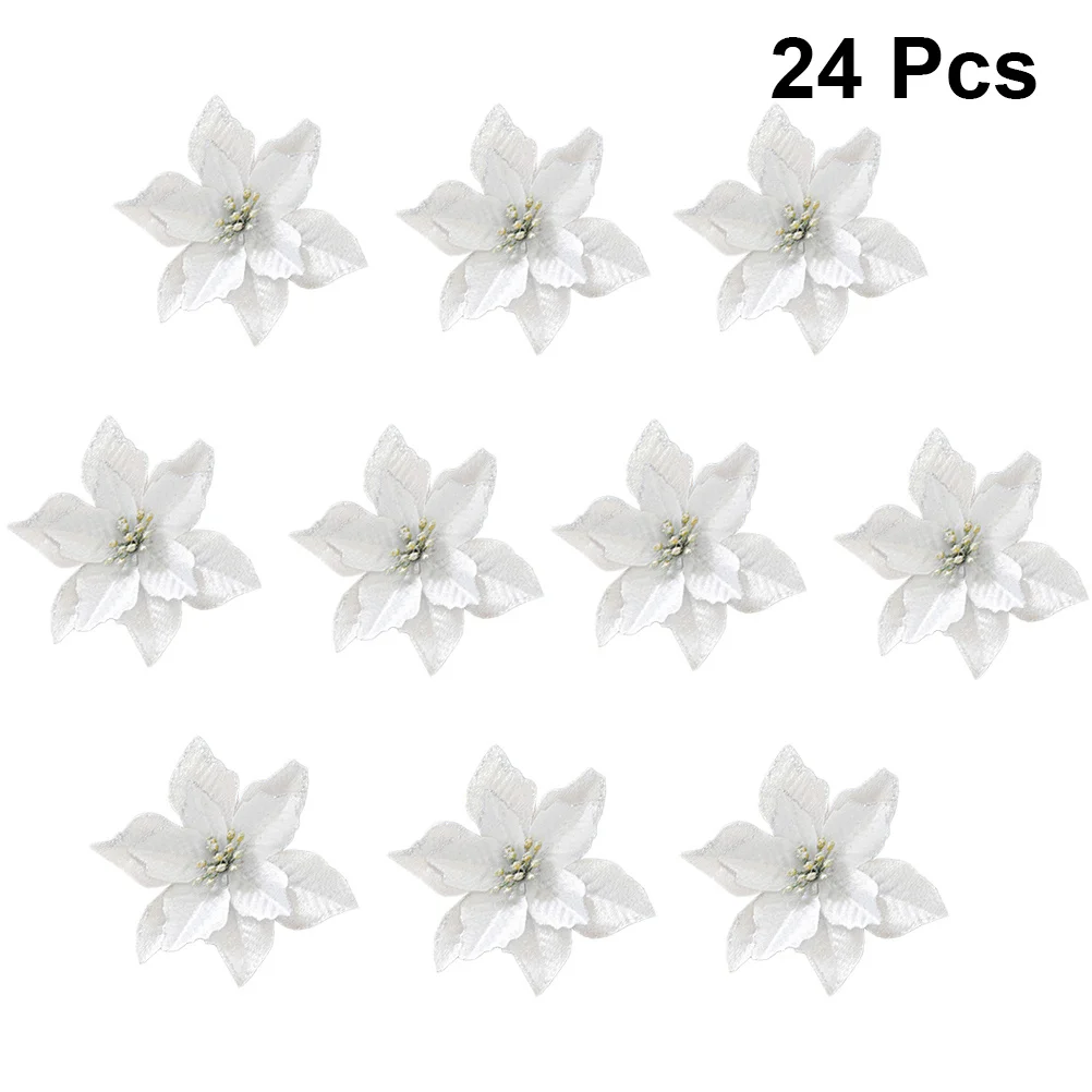 

24pcs Christmas Flower Decorative Simulation Glitter Artificial Flowers For Christmas Tree Hanging Ornament Wedding Party Decor
