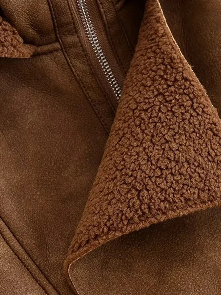 معطف نسائي فضفاض مبطن بالقطن من American Retro Sle مصنوع من جلد الغزال والفرو للخريف والشتاء جديد #3