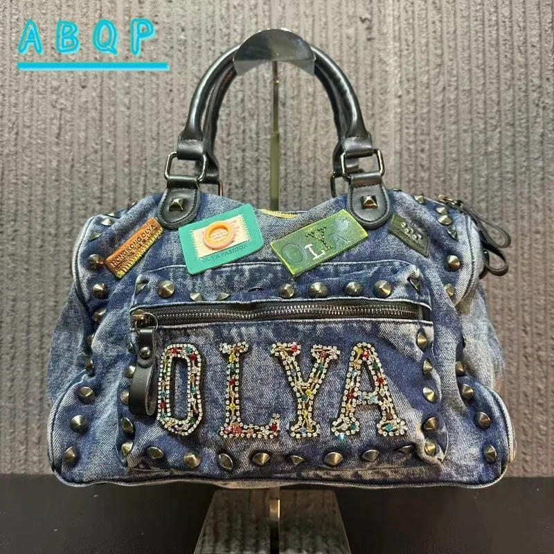 

Women's Shoulder Bag Casual Denim Oblique Span Travel Bag Retro Diamond-encrusted Large Capacity Tote Bag Travel Outdoor