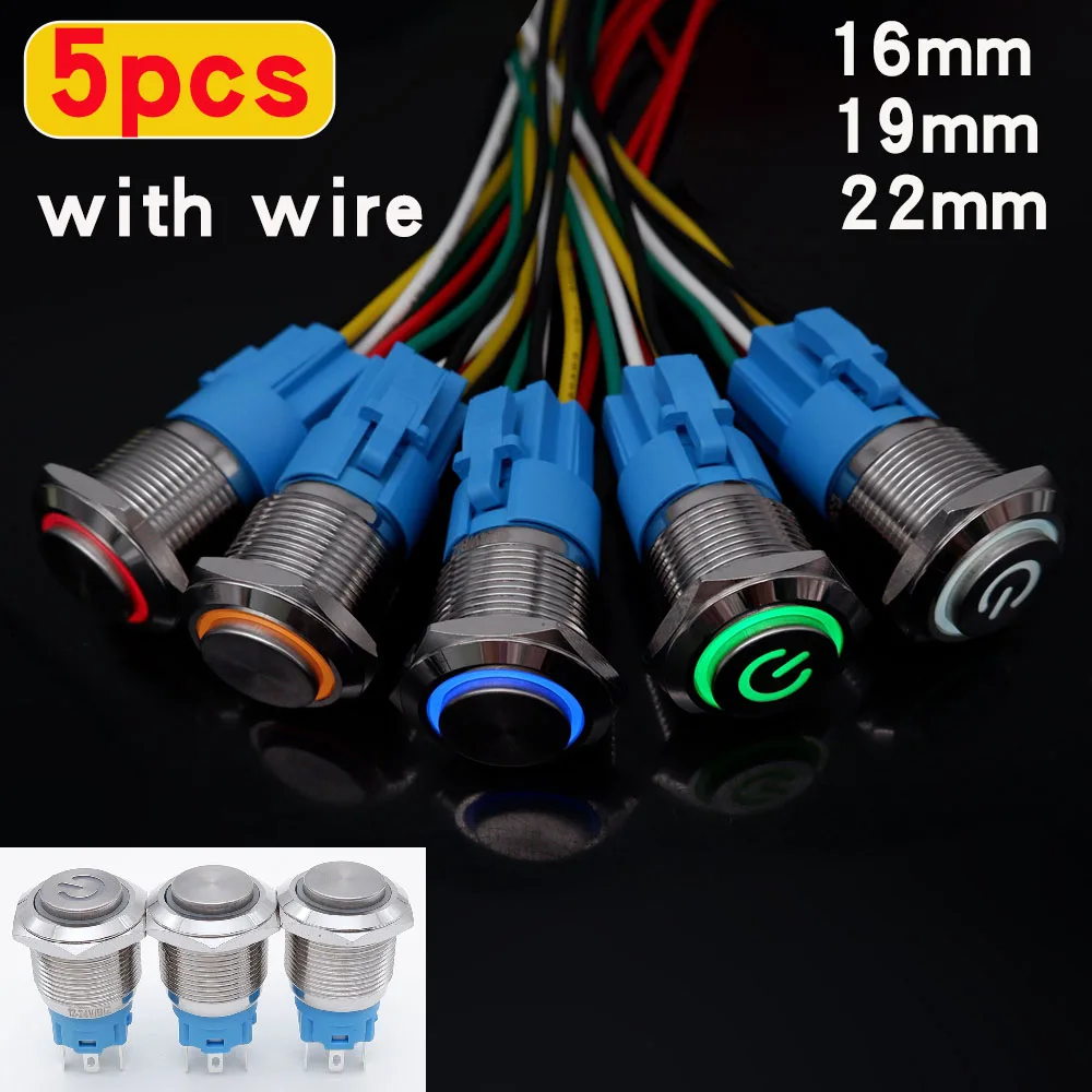 

5pcs 16mm 19mm 22mm Metal Push Button Switch LED Light Momentary Latching Waterproof Car Engine Power Switch 5V 12V 24V 220V Red