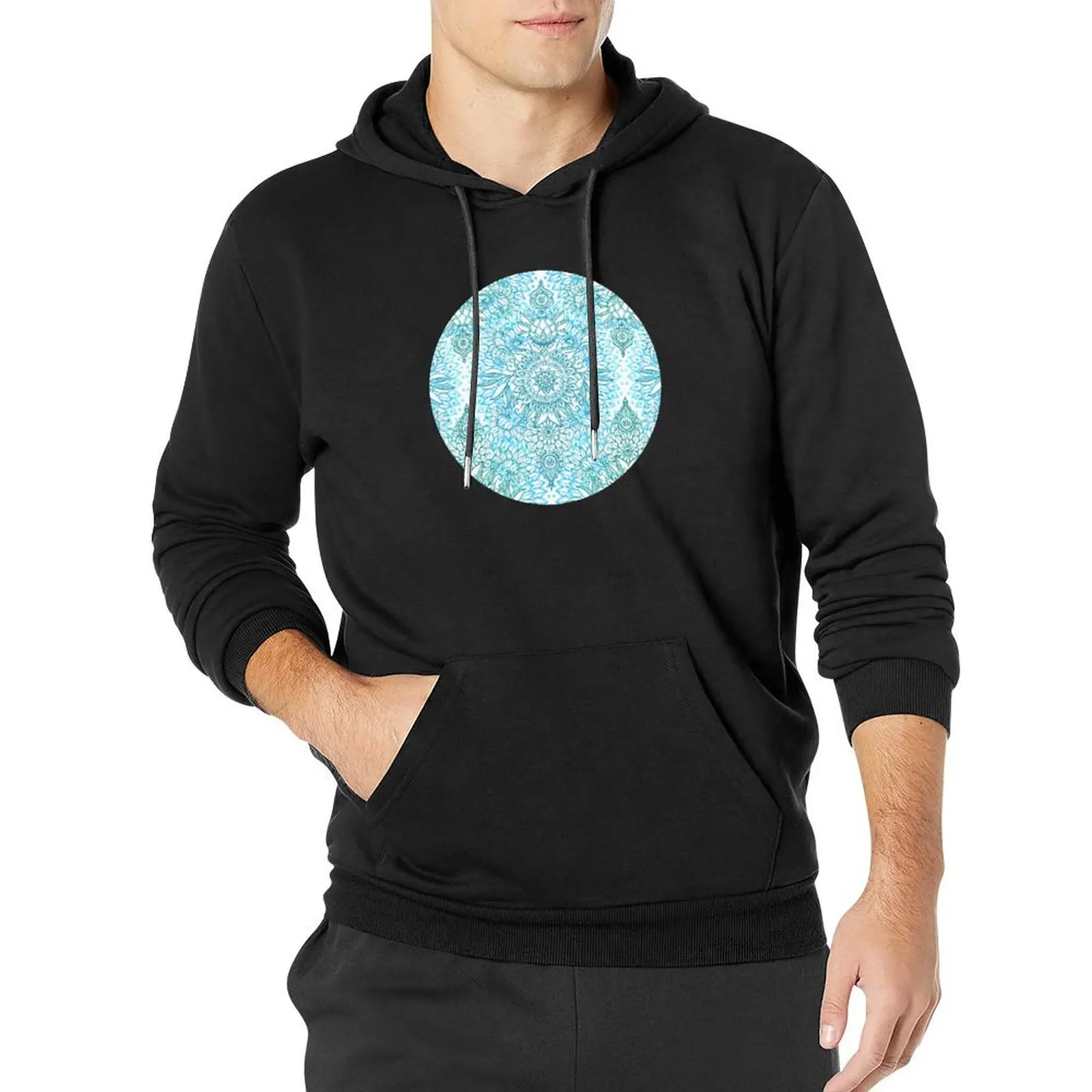 

Turquoise Blue, Teal & White Protea Doodle Pattern Pullover Hoodie male clothes autumn new features of hoodies & sweatshirts