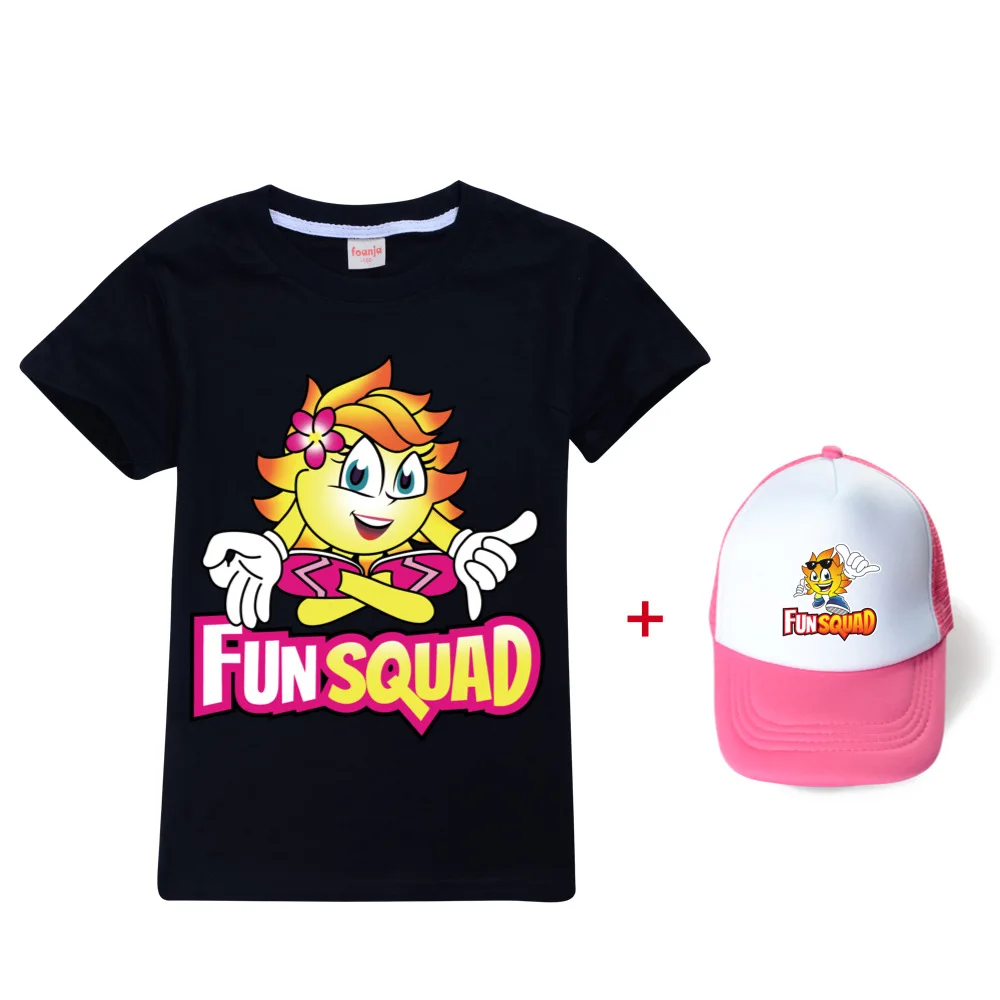 Fun squad Cotton T Shirt Children Kawaii Funny Summer Cartoon T-shirt +hat For Boys Girls Kid Clothing Unisex Short Sleeves