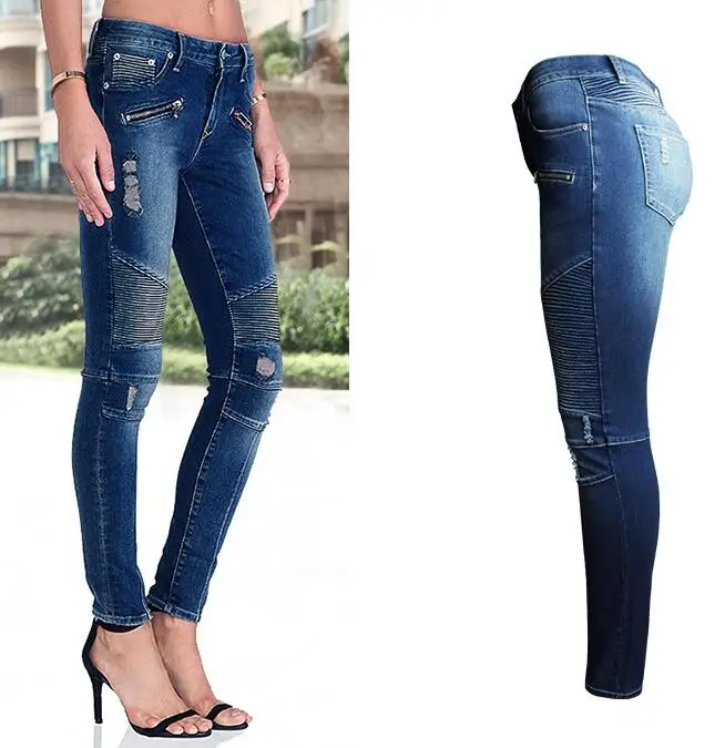 Motorcycle Style Multi Zipper Pleated Women's Jeans With Holes Skinny Elastic Waist Denim Pencil Pants