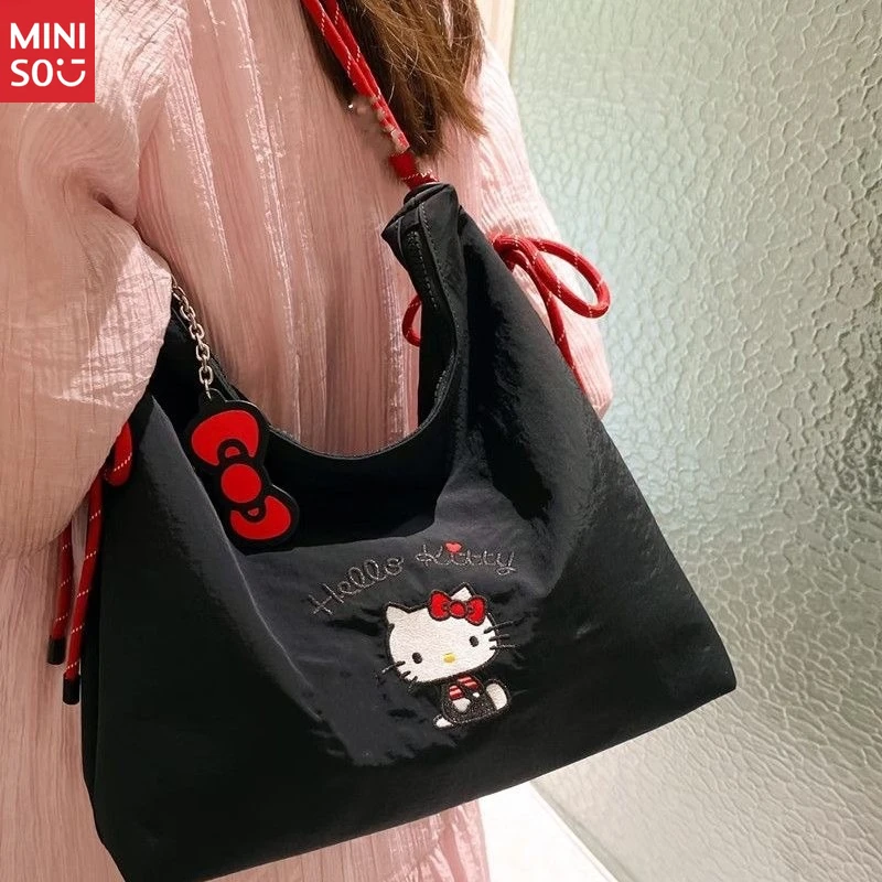 Miniso 2025 Hello Kitty Canvas Tote, Summer Embroidered Shoulder Bag for Commute