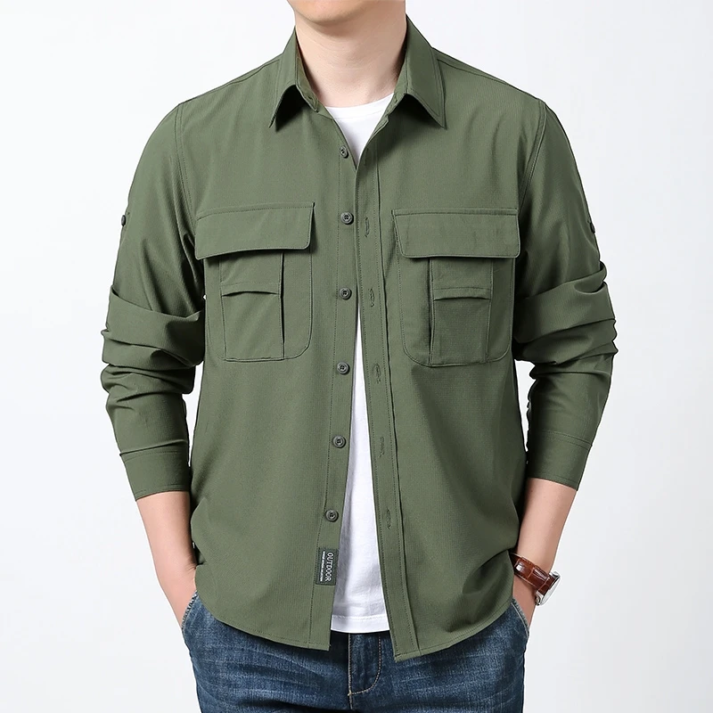 

Loose Fit Long Sve Workwear irt Qui Dry Color Outdoor Casual Men's irt with ket Breathable Lightweight