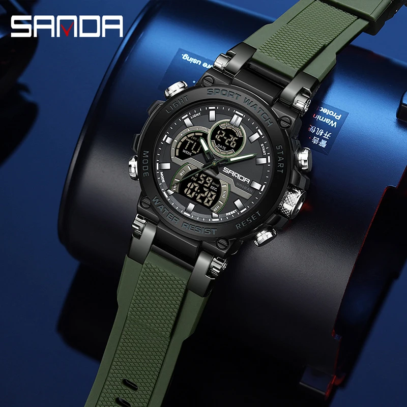 SANDA Brand Outdoor Military Sports Men\'s Watches Alarm Clock Analog Waterproof  Double-Display Quartz LED Digitals Wrist watch