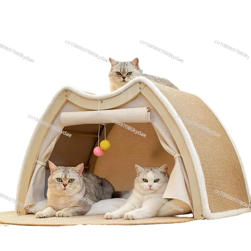 

Cat Condo with Sisal Scratching Post - Large Wooden Cat House All-Season Durable Enclosed Multi-Functional Pet Tent & Bed