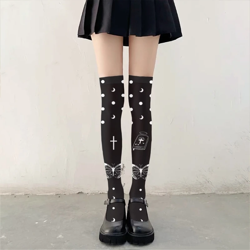 Japanese Anime Thigh High Stockings Women Gothic Punk for Cross for Butterfly Pumpkin Print Over Kn