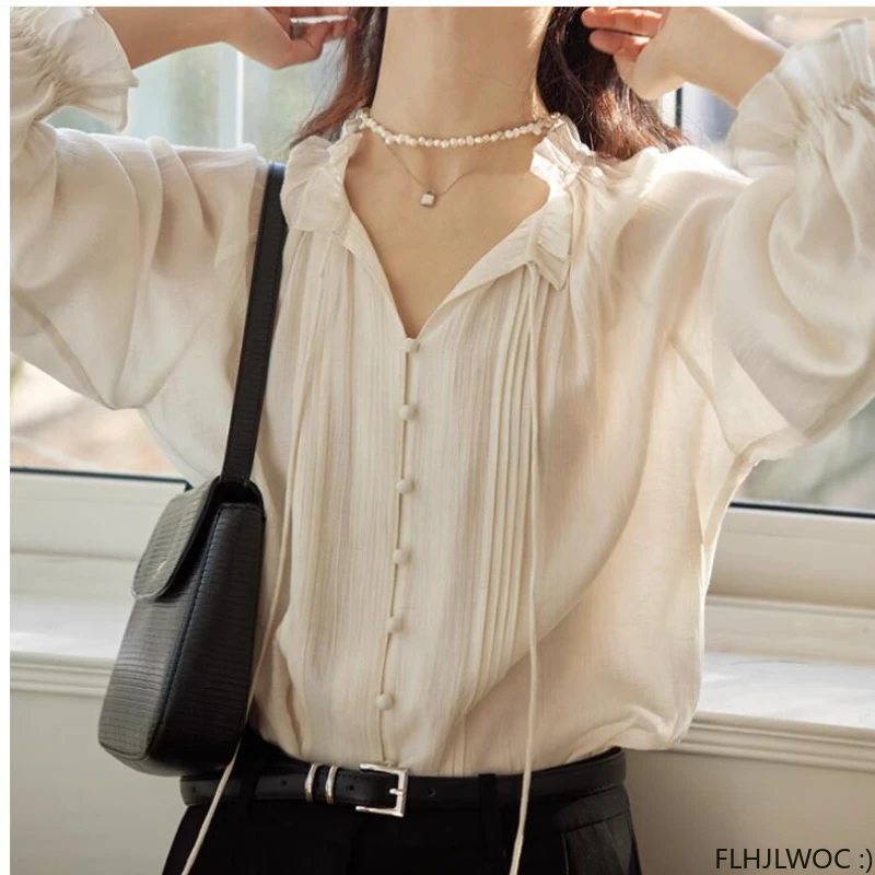 Hot Sales Bow Tie Ruffles Tops Blusas 2024 Cute Sweet Girls Chic Korea Fashion Clothes Solid Cotton Blends Women Shirts Blouses