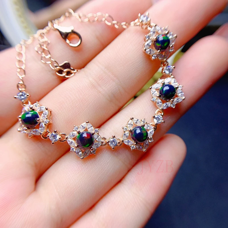 

Sterling silver natural black Opal bracelet Natural Opal Crystal court style adjustable light luxury retro diamond