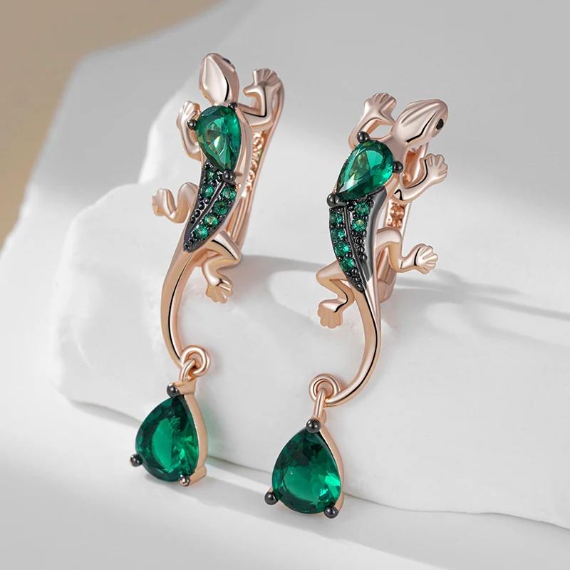 Kinel Heiße grüne natürliche Zirkon-Eidechsen-Tropfenohrringe für Frauen, 585er Roségold und schwarze Beschichtung, Vintage-Tier, täglicher Punk-Schmuck