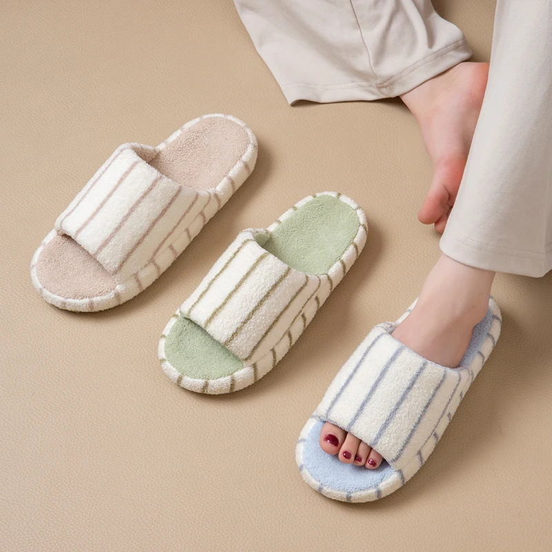 

Fashion Plush Vertical Stripes Spring and Autumn Women's Slippers Indoor Warm Bedroom Anti-slip Soft Sole Comfy Couple Homeshoes